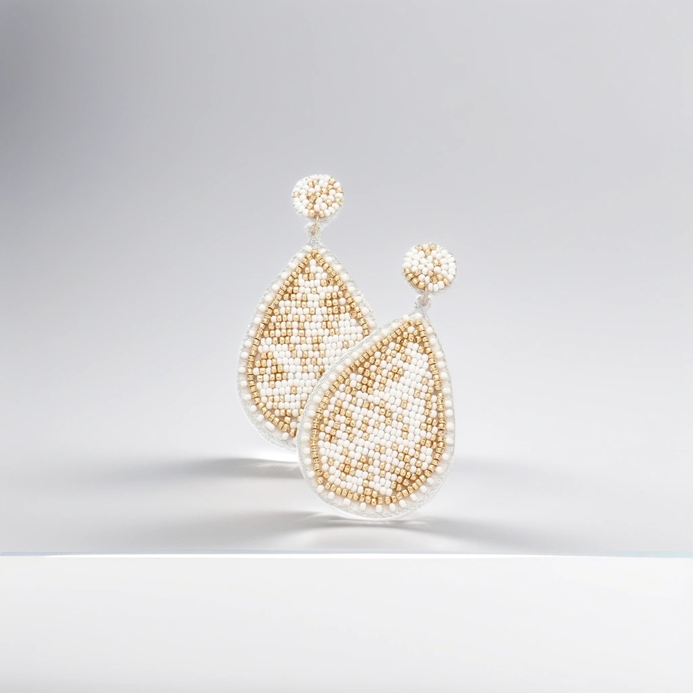 White and Gold Stylish Beaded Teardrop Dangle Earrings